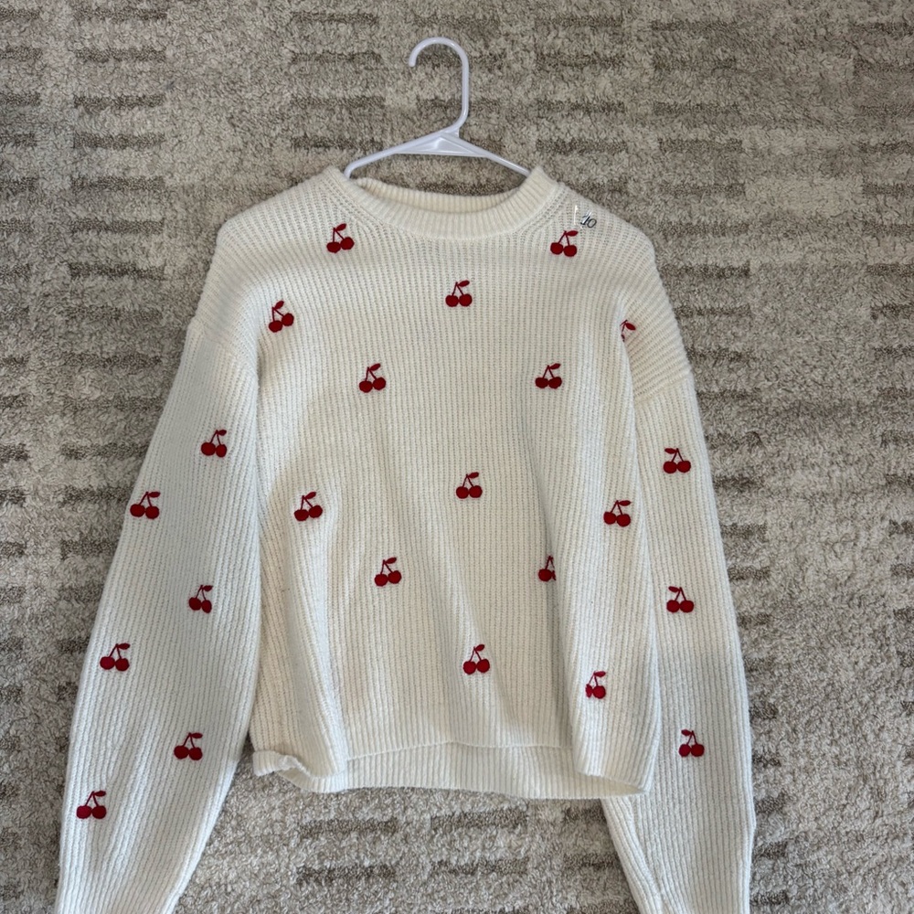 A New Day White and Red Crew Neck Sweater with Cherry Pattern